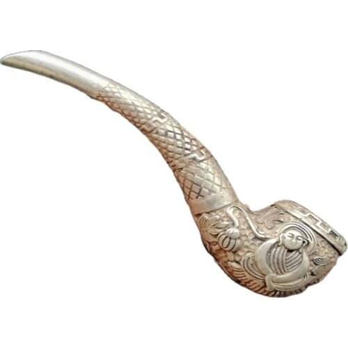 China Old Tibet Silver Carve Dragon Pipe
