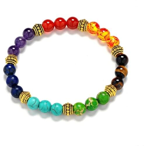 MAOKE Classic Seven - Color Natural Stone Bracelet Lapis Lazuli Beaded Bracelet 7 Chakras Yoga Accessories Gift Women Round