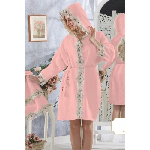 Pink Bathrobe Set for Ladies Bamboo Quality Stylish Design Embroidered Head Towel Elegant fashionable Female Woman