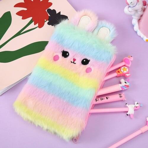 Korea Rabbit Cosmetic Bag Travel Zipper Rainbow Rabbit Organizer Makeup Bag Student Embroidery Fur Pencil Pouch