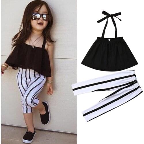 Citgeett Summer 2PCS Toddler Girls Tops Black Neck T-shirt + Trousers Striped Pants Set Kids Casual Clothes Fashion Outfits
