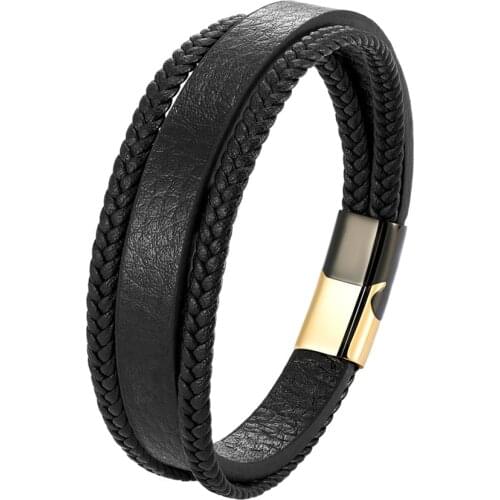 New Fashion Stainless Steel Magnetic Black Men Bracelet Leather Genuine Braided Punk Rock Bangles Jewelry Accessories Friend