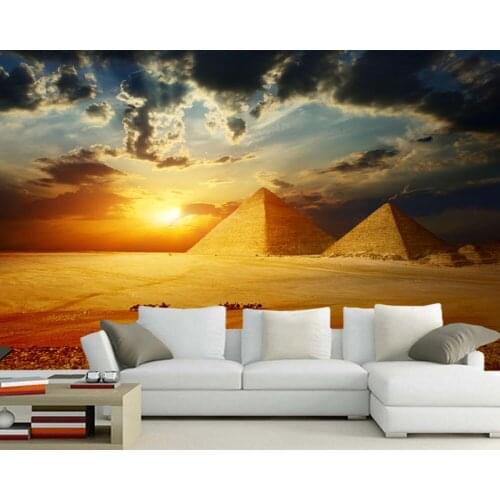 Papel de parede Egyptian pyramids and camels at sunset 3d wallpaper,living room sofa tv wall bedroom restaurant bar mural