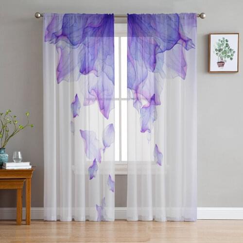 Purple Flowers Ink Sheer Curtains for Girl Kids Bedroom Kitchen Window Drapes Curtain Home Decoration
