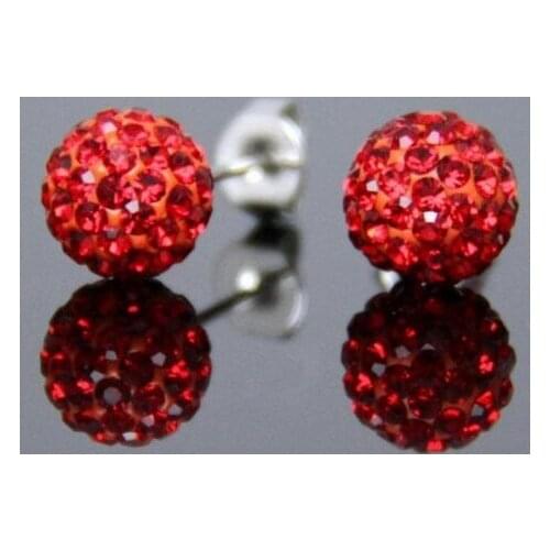 Lowest Price 10mm Clay Red Crystal Micro Pave Disco Ball Silver Plated crystal Earrings Stud wholesale crystal