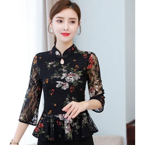 Sexy Women Lace Tops Traditional Chinese Girl Flower Cheongsam Top Vintage Ladies Qipao Shirt Elegant Dancing Party Hanfu Blouse