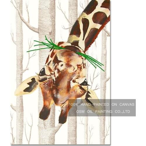 Funny Design Skills Artist Hand-painted High Quality Modern Animal Giraffe Oil Painting on Canvas for Living Room Decoration
