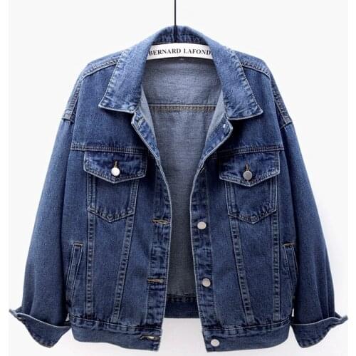 Dark Blue Denim Jacket Coat Women Autumn Harajuku Outerwear Chaqueta Mujer Big size Loose Long sleeve Short Jeans Jackets Female