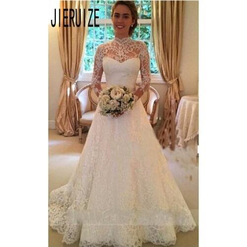 JIERUIZE Vintage Lace Wedding Gown Sheer Full Sleeves Long A Line Wedding Dresses Backless Bow Sash Bride Dress Vestido De Noiva