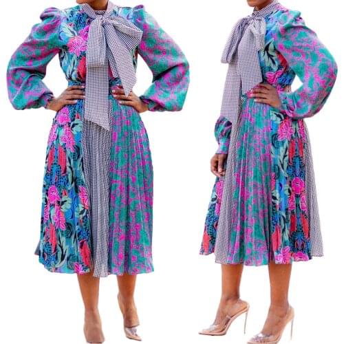 VITIANA Women Print Casual Pleated Dress Autumn Female Long Sleeve V-Neck Elegant Dresses Femme Fashion Vestidos Africa Clothes