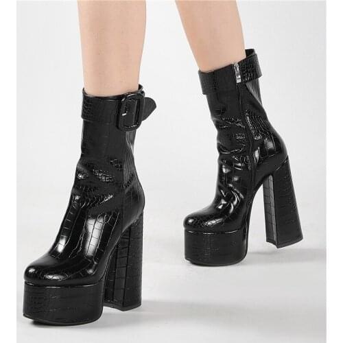New Women Winter Autumn Chunky Heels High Platform Short Boots Thick Sole Black Round Toe Buckle Strap Women Fashion Ankle Boots