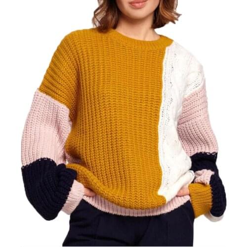 Winter womens Long Sleeve Casual Style Acrylic 2021 New Color Contrast Round Neck Pullover Comfortable Sweater Loose