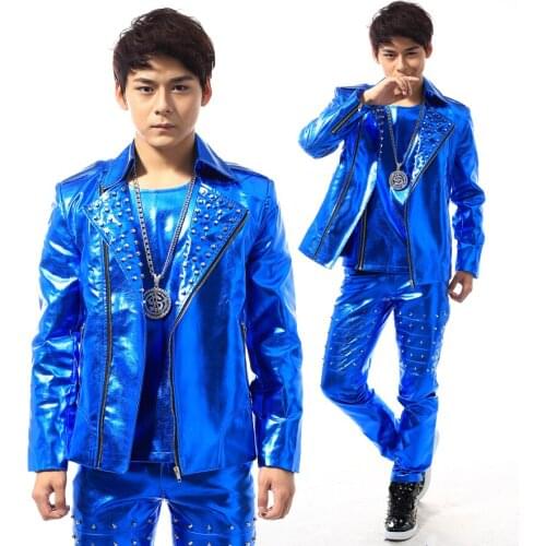 2016 New fashion Punk style Mans PU leather Rivet jacket Nightclub singer DJ dancer performance 3 pieces set