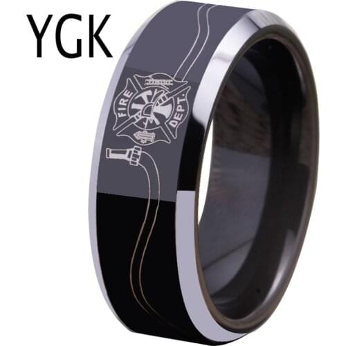 Free Shipping Customs Engraving Ring Hot Sales 8MM Black With Shiny Edges Firefighter Fireman Hose Design Tungsten Wedding Ring
