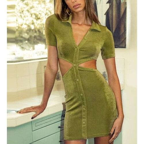 Black Elegant Cut Out Sexy Bodycon Mini Dress Women Summer Short Sleeve Shirt Dresses V Neck Green Party Short Dress 2021Clothes