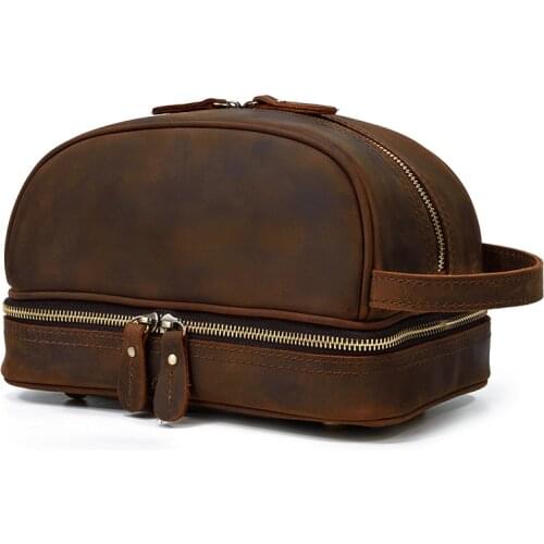 Crazy Horse Cow Leather Travel Makeup Bag Mens Vintage Genuine Leather Cosmetic Cases Luxury Male Washing Storage Toiletry Bags