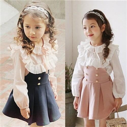 2020 Child Clothing Girls Dress + Lace T Shirt 2 Pieces Set Princess Baby Kids Autumn New Arrival Korean Blouse + Dress Sets