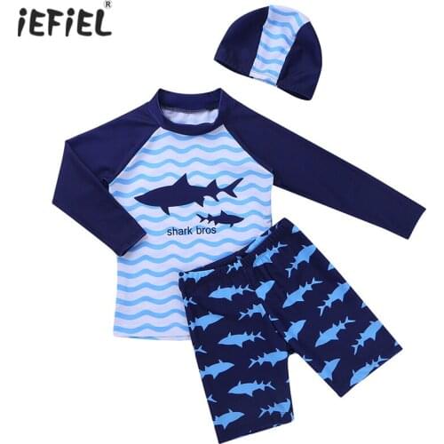 3PCS Kids Boys Summer Tankini Swimwear Bathing Suit Long Sleeves Shark Pattern Swimsuit Set Cute Tops with Bottoms Swimming Cap