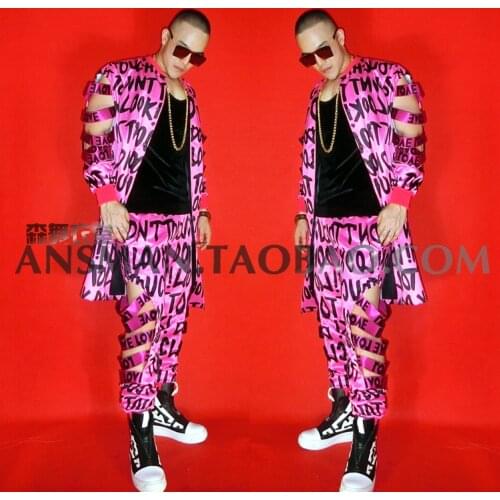 Fluorescent Pink Hollow Letter Jacket + Pants Sets Nightclub Bar Male Singer DJ GOGO Hip Hop Rock DS Party Costume ropa hombre