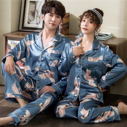 JULYS SONG Couple 2 Pieces Fairy Crane Pajamas Set Faux Silk Satin Married Home Wear Women Man Sleepwear Pajamas Suit