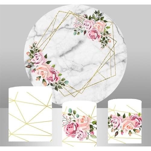 Round circle background marble table party decor pink floral wedding flower birthday banner elastic cylinder plinth cover YY-286