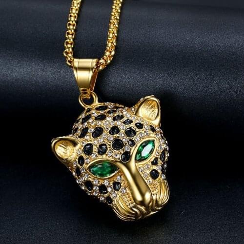 Iced Out Green Eyed Leopard head Pendant Necklace Mens Stainless Steel Golden Chain Hip Hop Jewelry Punk 2021 Trend Friends Gi