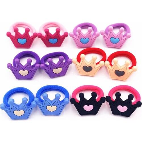 2Pcs Girls Cute Cartoon Hair Accessories Crown Elastic Hair bands Kids PVC Hair rope Nylon Rubber Hairbands Children Gift