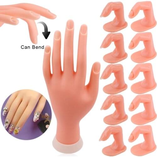 Nail Art Practice Soft Plastic Model Hand+5/10pcs Fake Nail Art Acrylic UV Gel Hand Finger Adjustable Manicure Tool For training