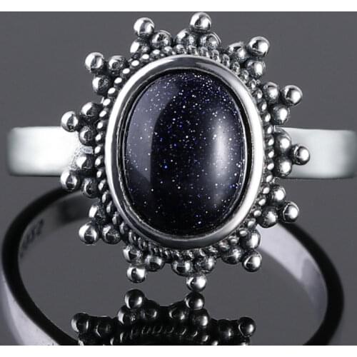 100% Sterling Silver Ring New Classic Blue Sandstone Gemstone Goose Stone Ring 7x9 Europe Retro Thai Silver Exaggerated