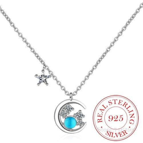Real 100% 925 Sterling Silver Crystal Star Moon Charm Pendant Necklace For Women Choker Collares Wedding Party Jewelry Gift