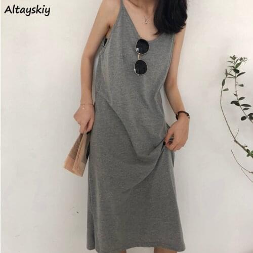Sleeveless Dress Women Solid Loose Sexy Summer All-match Comfortable Leisure Minimalist Feminine Korean Style Side-slit Fashion
