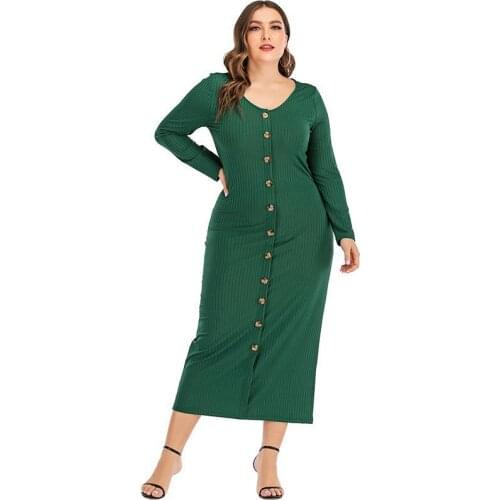 Plus Size Womens Ribbed Long Sleeve V-Neck Slim Matching Buttons Pencil Dress Party Night Casual Work Wear Elegant Long Dress