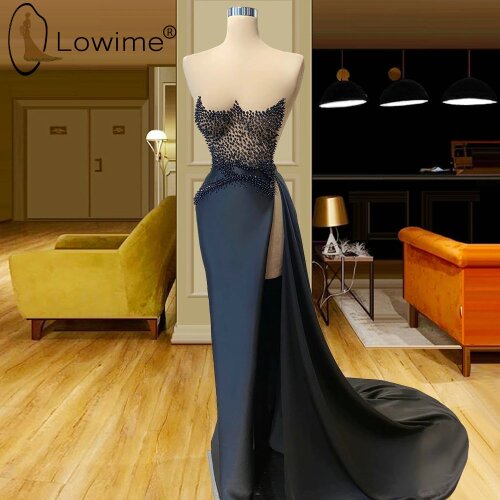 Sexy High Slit Black Pearls Mermaid Evening Dresses 2021 Long Satin Strapless Formal Wedding Party Prom Gowns