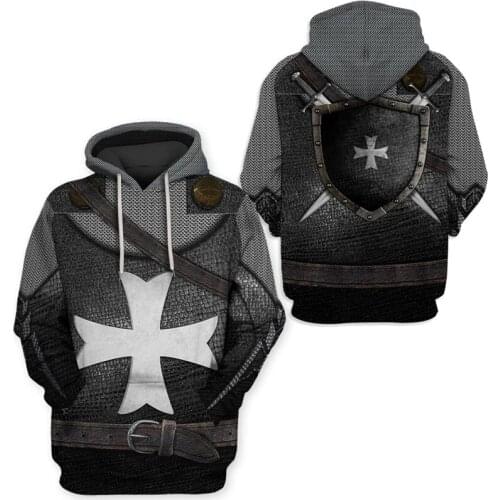 Medieval knight Cosplay hooded Gray Cross Sweatshirt 3D Printed Hoodies Men Casual Armored knight Royal knight Jacket