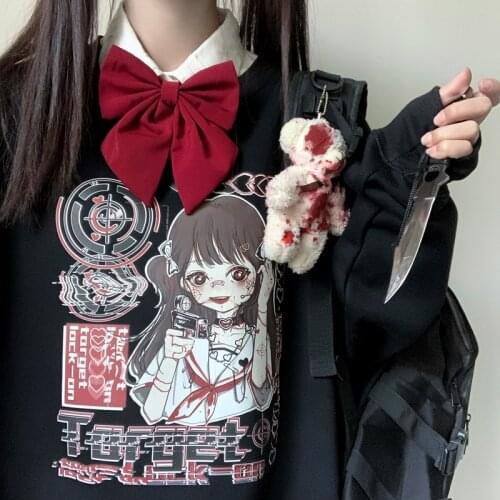 Japanese gothic Harajuku anime fashion punk hip hop Ulzzang women hooded sweatshirt casual big size loose Vintage women clothing