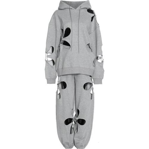 SeeBeautiful Hollow Hooded Long Sleeve Loose Sweatshirt Elastic Waist Drawstring Pants Set New Fashion 2021 Spring Women M947