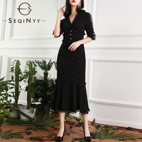 SEQINYY Fashion Dress Women Black Button Lace Patchwork Elegant Slim Half Sleeve Mermaid Midi Summer Spring New Design Runway