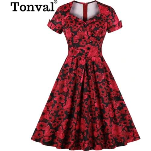 Tonval Button Front High Waist Wrap Red Flower Floral Elegant Dress Midi Pleated Women Retro Vintage Dresses