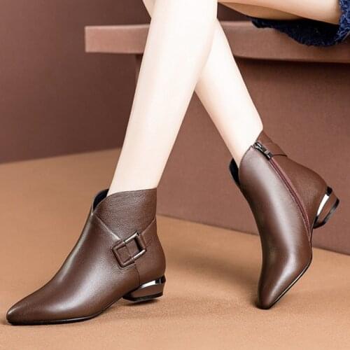 2020 Fashion Women Boots Winter Zipper Retro Leather Shoes Pointed Toe Thick Heel Ankle Boots Plus Size High Heels Shoes 326