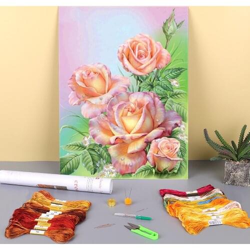 Flowers Vase Roses Printed Water-Soluble Canvas 11CT Cross-Stitch Set Embroidery DMC Threads Handicraft Hobby Wholesale