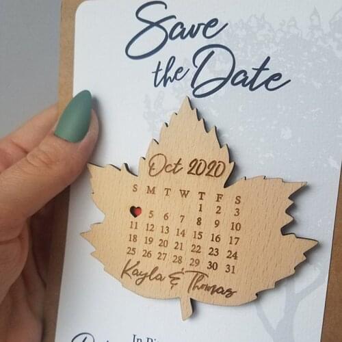 Leaf Shape Save the Date, Heart Wood Save the Dates,Calendar Save the Date Magnet, Wedding Favors Rustic Wooden Magnet