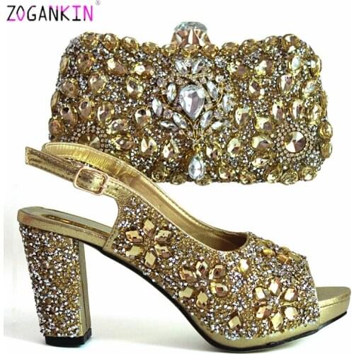 Elegant Ladies Matching Shoes and Bag Set in Golden Color Decorate with Rhinestone High Quality Shoes and Bag To Match For Party