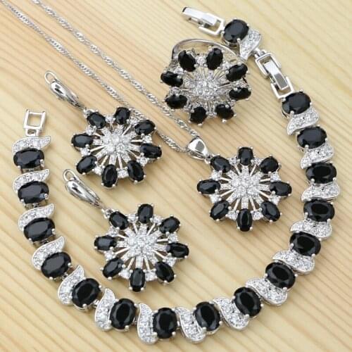 925 Silver Punk Jewelry Set Black White Cubic Zirconia for Women Party Earring/Pendant/Necklace/Bracelet/Ring Set