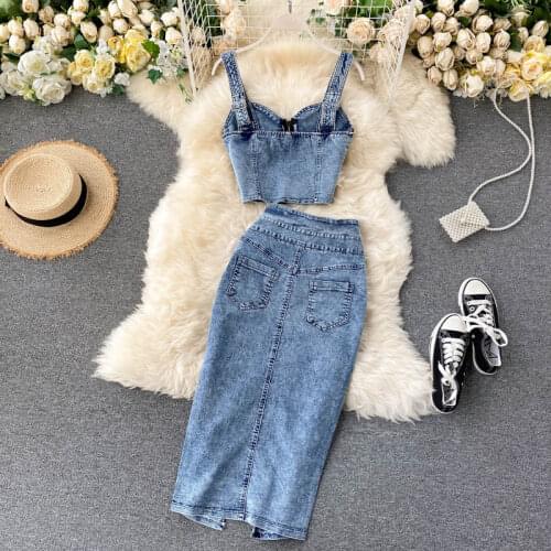 Moeroshe Sexy Women Straps Jeans Women Jeans Vest+Skirts Sets Straps Tops Buttons Denim Skirt Suits for Woman