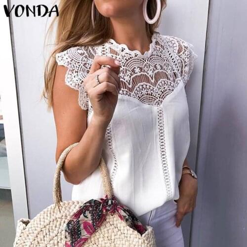 Lace Tunic Summer Women Blouse Sleeveless Tops OL Office Lady Shirts 2021 VONDA Hollow Out Party Tops White Blusas Plus Size