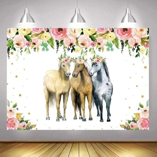 Horse Happy Birthday Party Photo Backdrop Custom Boys Girls Flower Cowboy Cowgirls Decoration Photography Backgrounds Banner