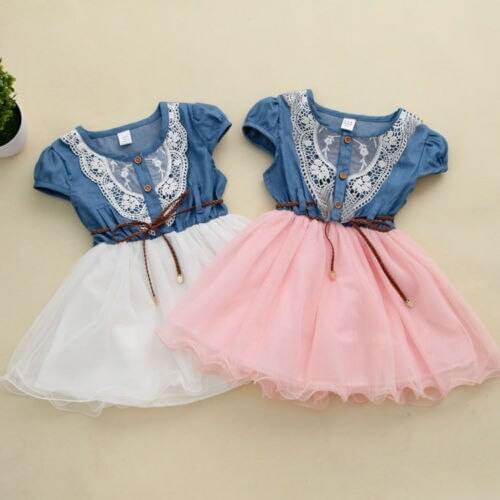 Princess Sweet Summer Party Dress Toddle Baby Girls Lace Denim Patchwork Knee-Length Tutu Dress 2 Style 1-6Y