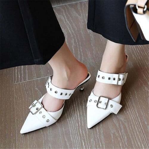 2020 fashion New white black Heteromorphic Heel Sandals high-heeled Shallow Mouth Pointed Metal Belt Buckle Sandals