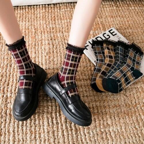 Autumn/winter 2020 New Fashion Trend British Style Lace Square Check Ladies Middle Stockings for Women 5 Pairs / Pack