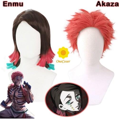 Anime Demon Slayer Akaza Enmu Cosplay Wig Kimetsu no Yaiba Mugen Train Short Hair Heat-resistant Fiber Hair + Wig Cap Halloween